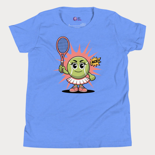 Blue girls tennis t-shirt featuring a cute cartoon tennis ball girl holding a racket with the word “ACE!” in a comic-style bubble