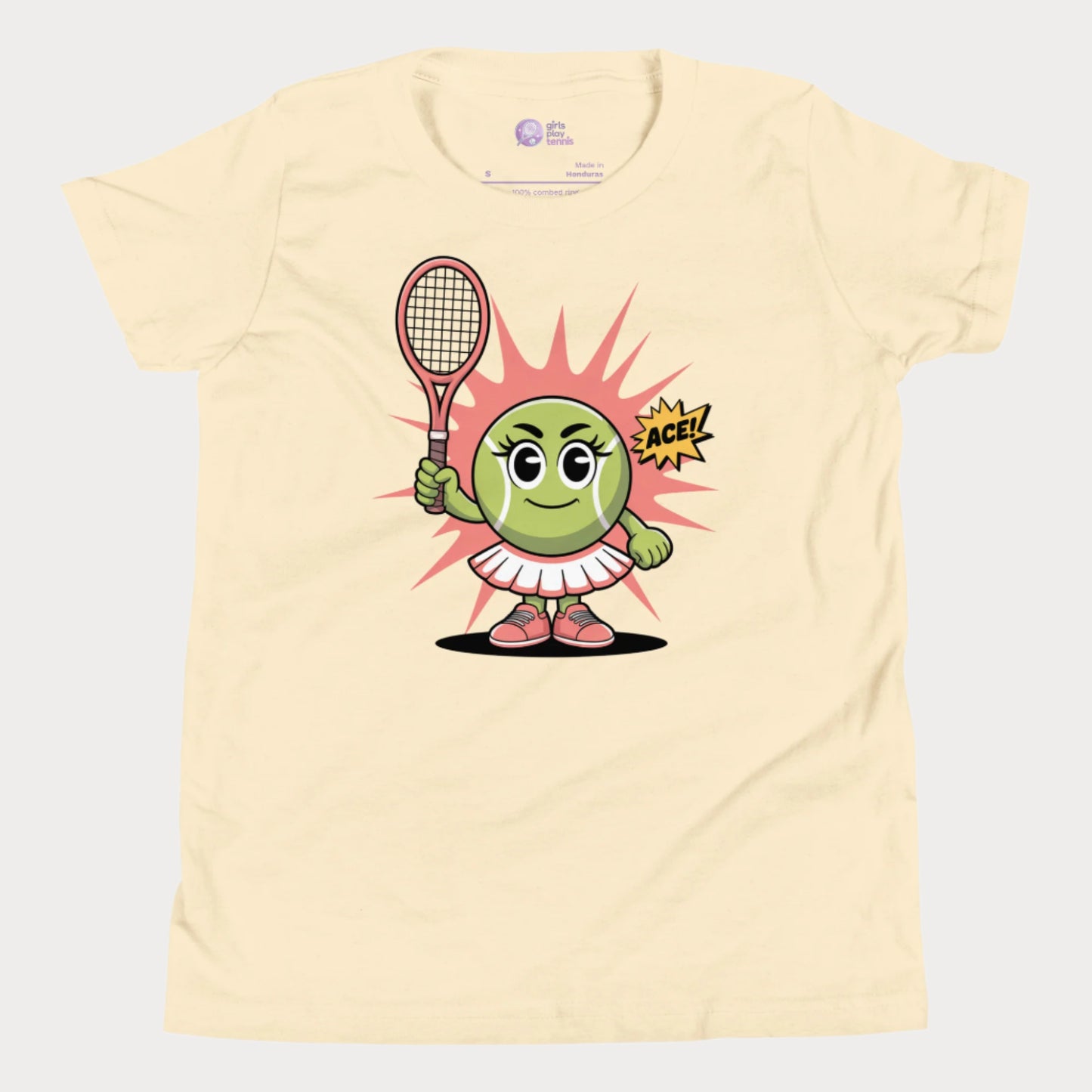 Butter yellow girls tennis t-shirt featuring a cute cartoon tennis ball girl holding a racket with the word “ACE!” in a comic-style bubble