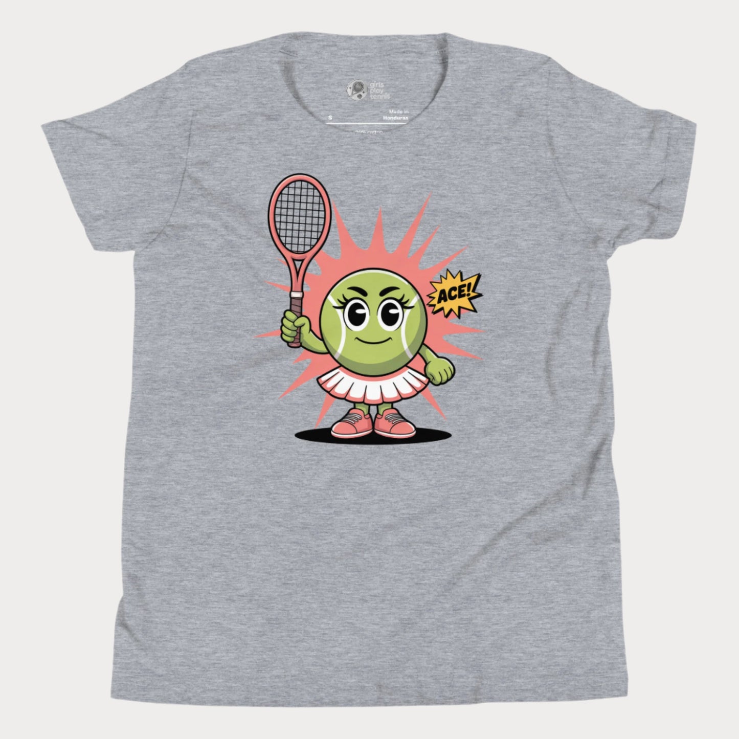 Grey girls tennis t-shirt featuring a cute cartoon tennis ball girl holding a racket with the word “ACE!” in a comic-style bubble