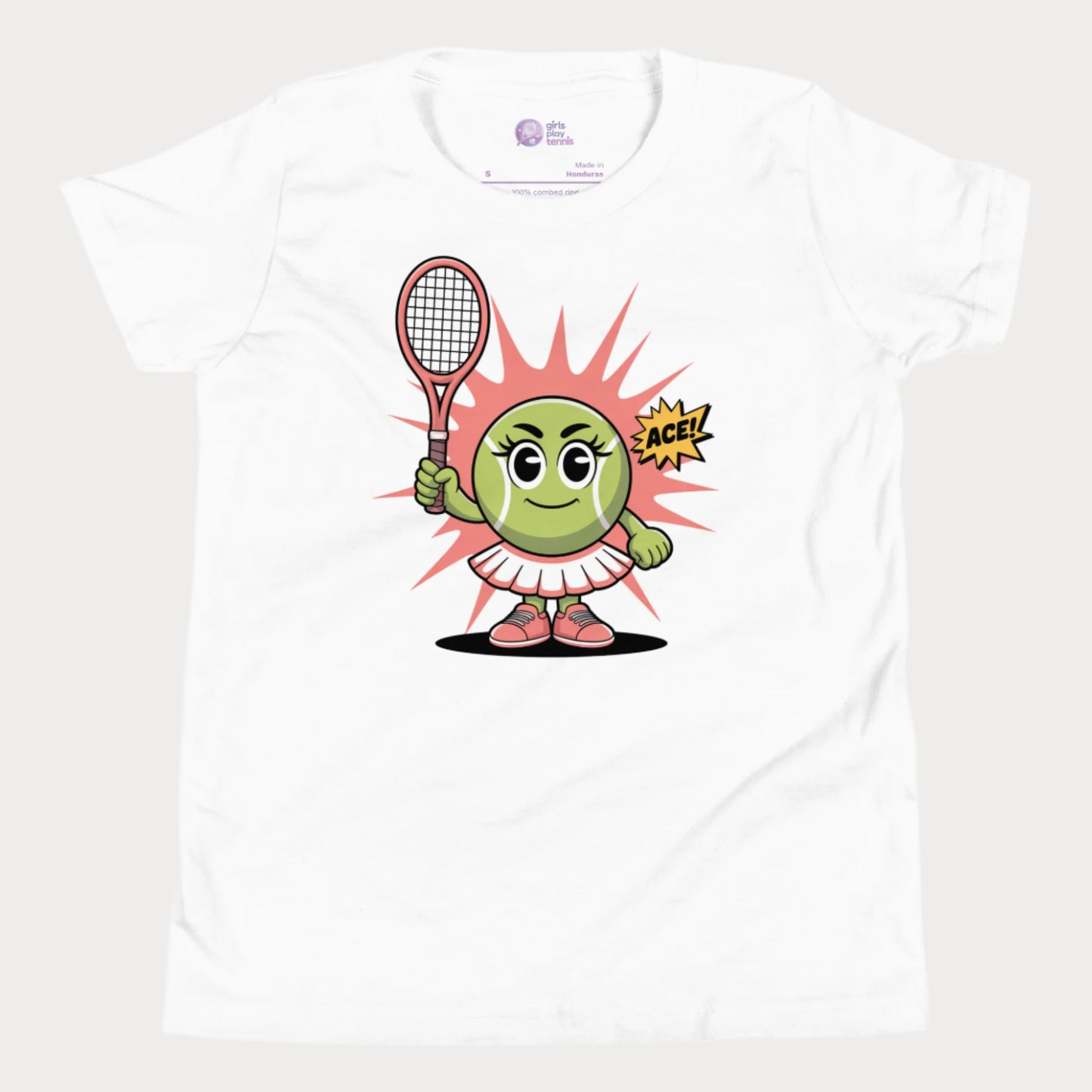 White girls tennis t-shirt featuring a cute cartoon tennis ball girl holding a racket with the word “ACE!” in a comic-style bubble