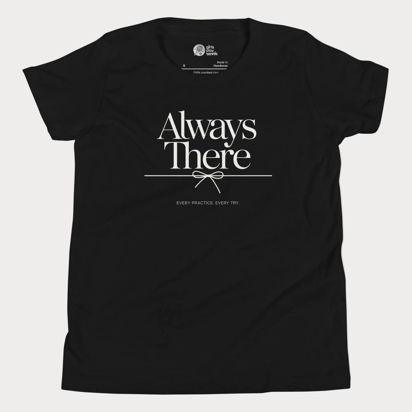 Always There tennis t-shirt in black with green typography for girls and women