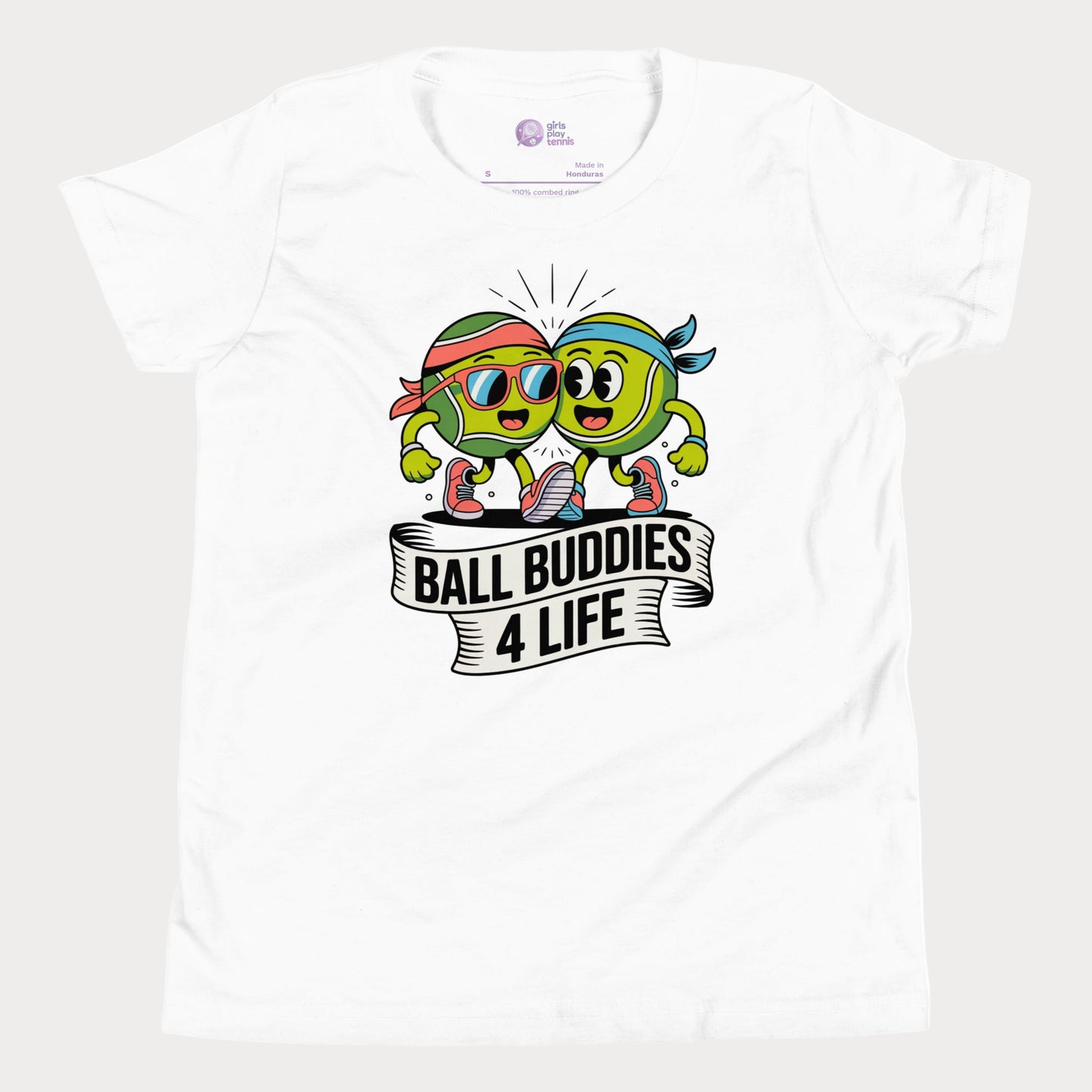 Two cartoon tennis balls in sneakers with banner reading “Ball Buddies 4 Life” on a white kids tennis t-shirt.