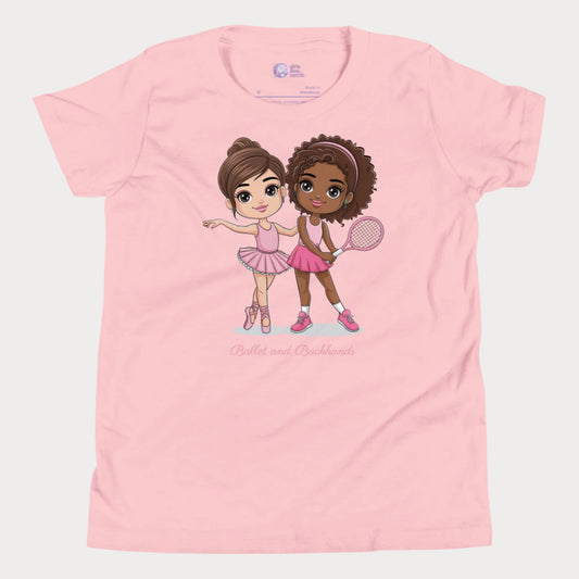 Adorable blue girls t-shirt featuring a "Ballet and Backhands" design with two cute cartoon girls—one in a pink ballet tutu and the other in a tennis outfit holding a racket. This girls' tennis and ballet shirt celebrates the balance of grace and power, perfect for little athletes who love both dance and sports.