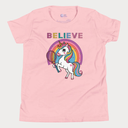 Cute pink girls' tennis t-shirt featuring a magical unicorn holding a tennis racket with a colorful rainbow backdrop. Perfect for young girls who love tennis, unicorns, and stylish sportswear.