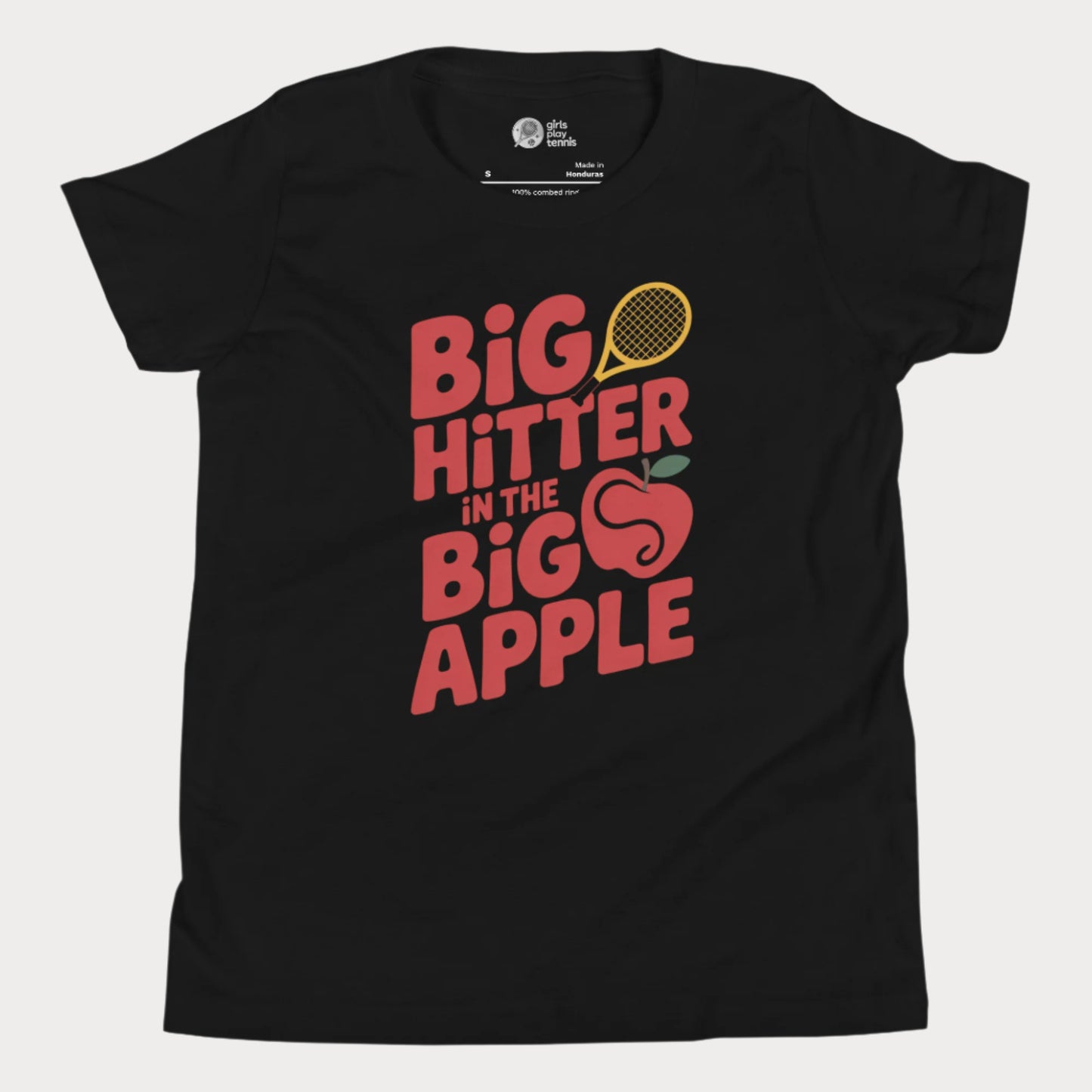 Girls Play Tennis Big Hitter in the Big Apple red typography hard court season T-shirt for girls