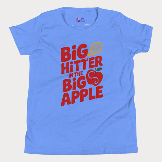 Girls Play Tennis Big Hitter in the Big Apple red typography hard court season T-shirt for girls