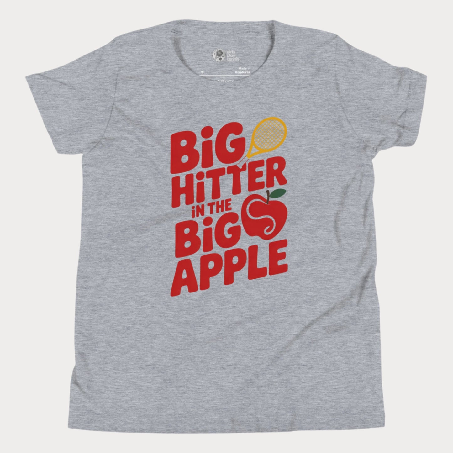 Girls Play Tennis Big Hitter in the Big Apple red typography hard court season T-shirt for girls.