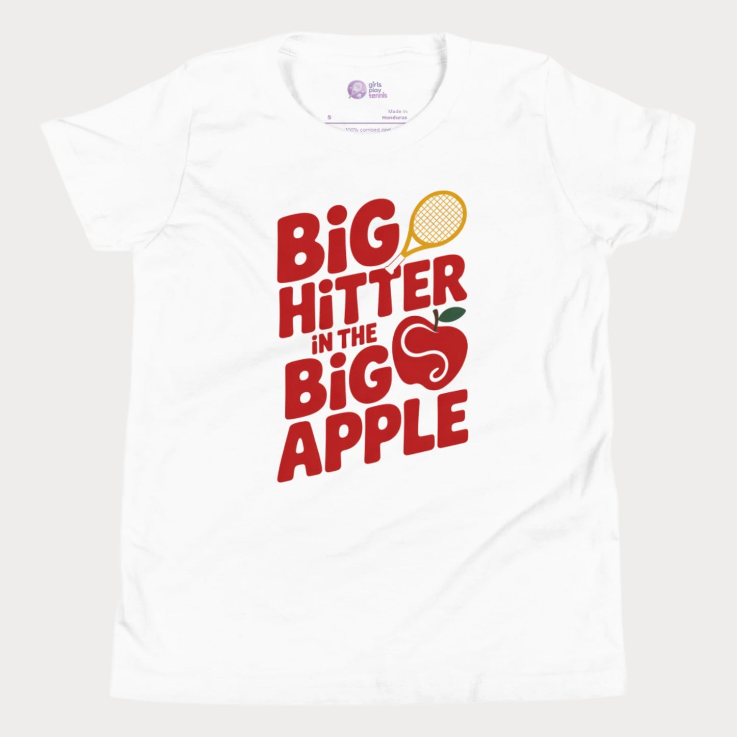 Girls Play Tennis Big Hitter in the Big Apple red typography hard court season T-shirt for girls