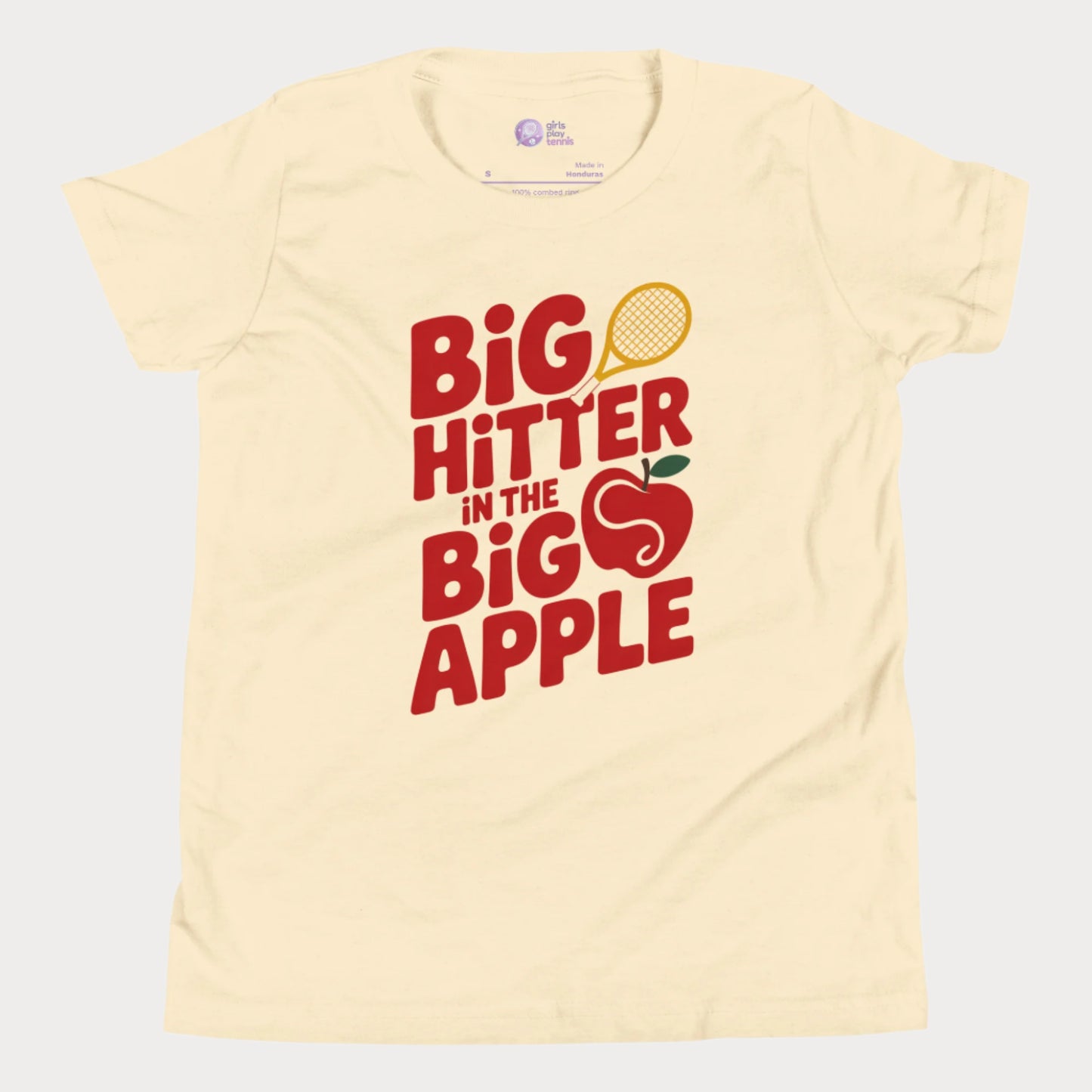 Girls Play Tennis Big Hitter in the Big Apple red typography hard court season T-shirt for girls