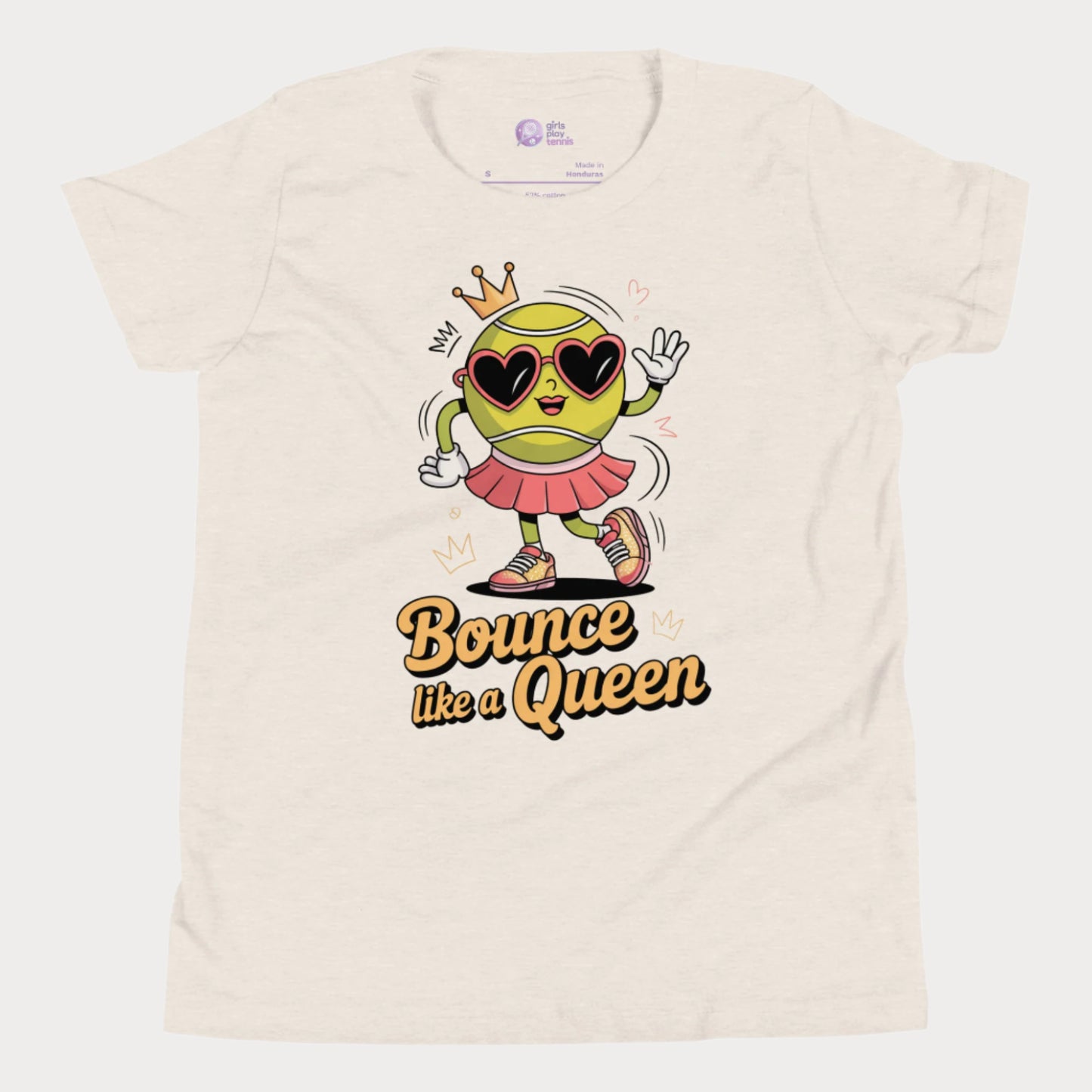 Bounce Like a Queen girls tennis t-shirt in beige with cartoon tennis ball in crown and heart sunglasses