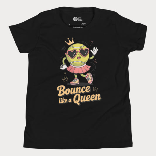 Bounce Like a Queen girls tennis t-shirt in black with cartoon tennis ball in crown and heart sunglasses