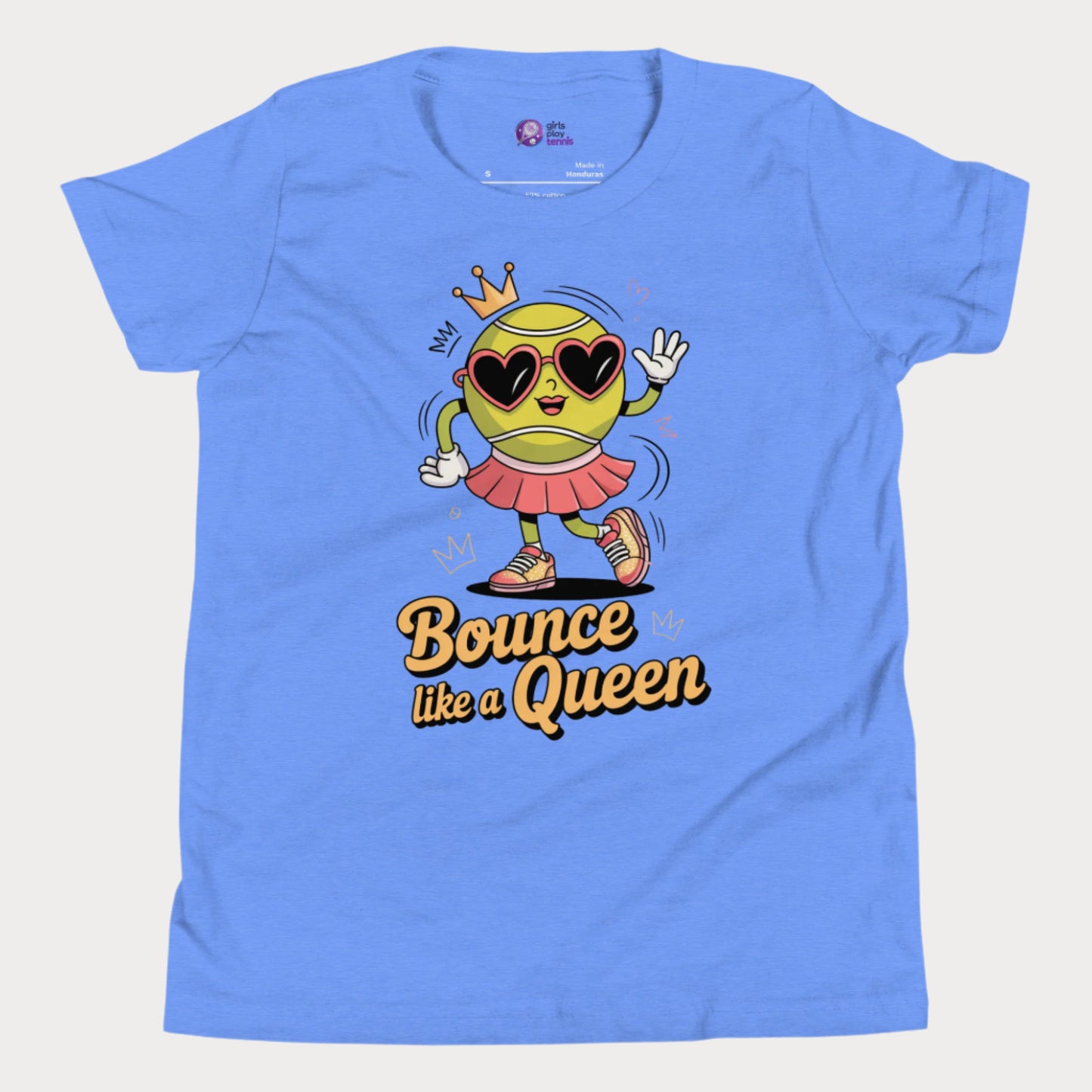 Bounce Like a Queen girls tennis t-shirt in blue with cartoon tennis ball in crown and heart sunglasses
