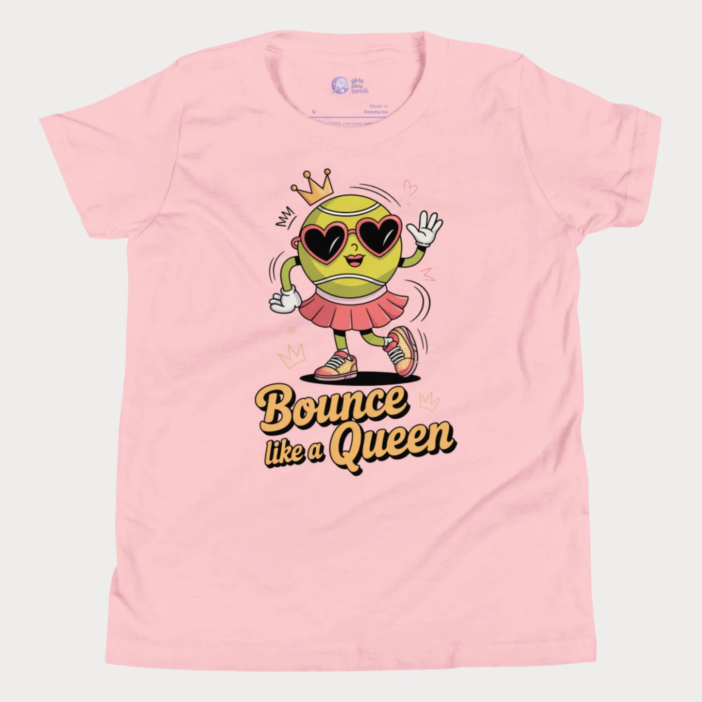 Bounce Like a Queen girls tennis t-shirt in pink with cartoon tennis ball in crown and heart sunglasses