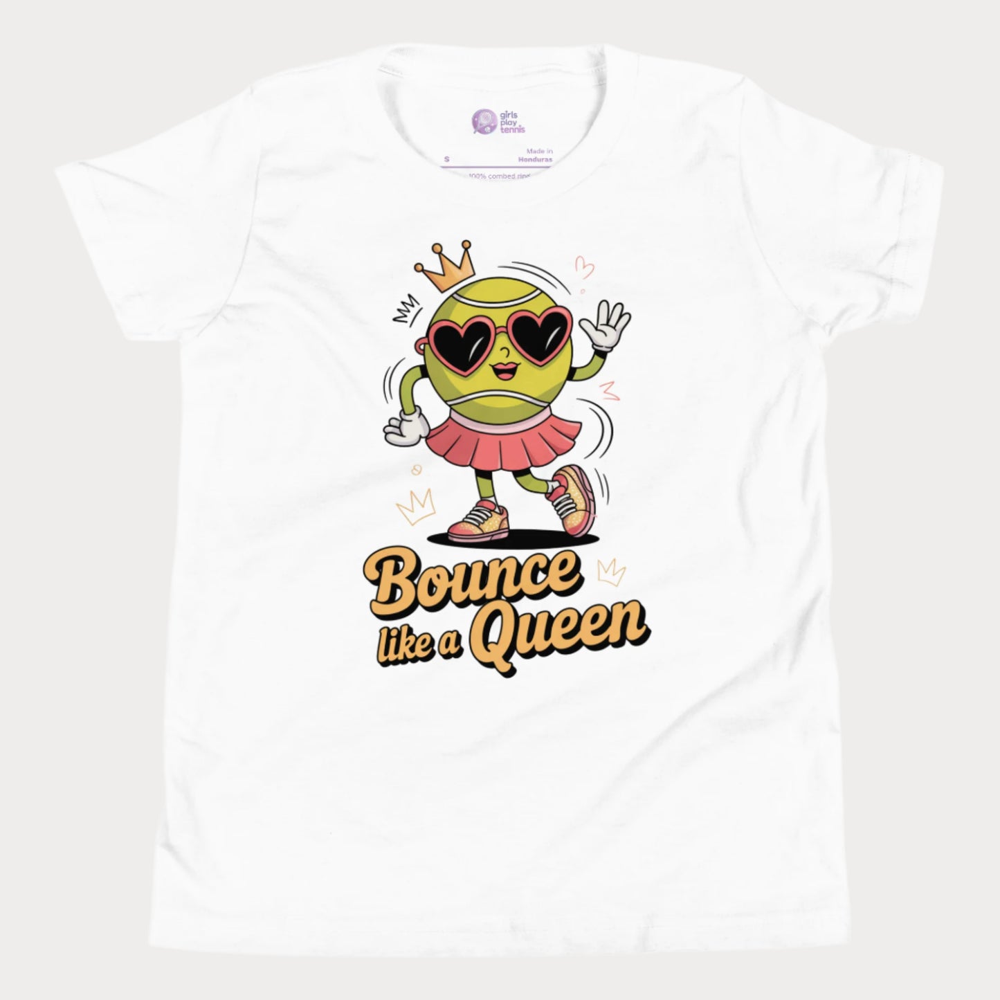 Bounce Like a Queen girls tennis t-shirt in white with cartoon tennis ball in crown and heart sunglasses.