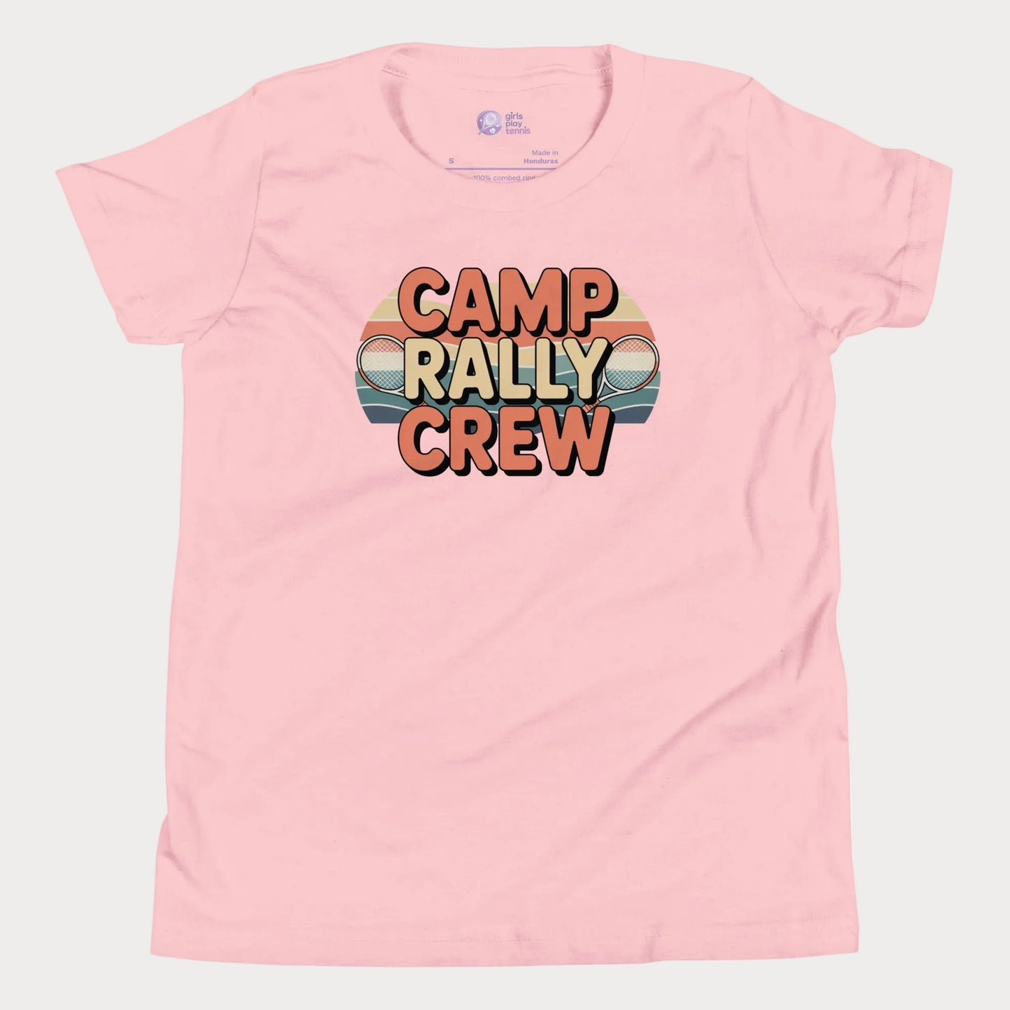 Pink Camp Rally Crew retro-inspired tennis camp t-shirt for kids and teens