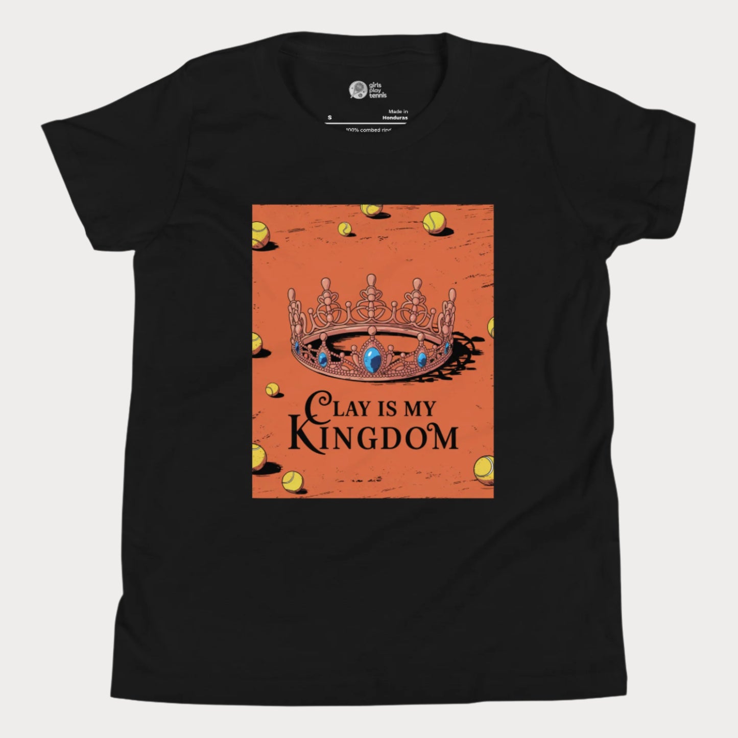 Black tennis T-shirt featuring a regal crown on a clay court with scattered tennis balls and the phrase "Clay Is My Kingdom" in bold lettering.