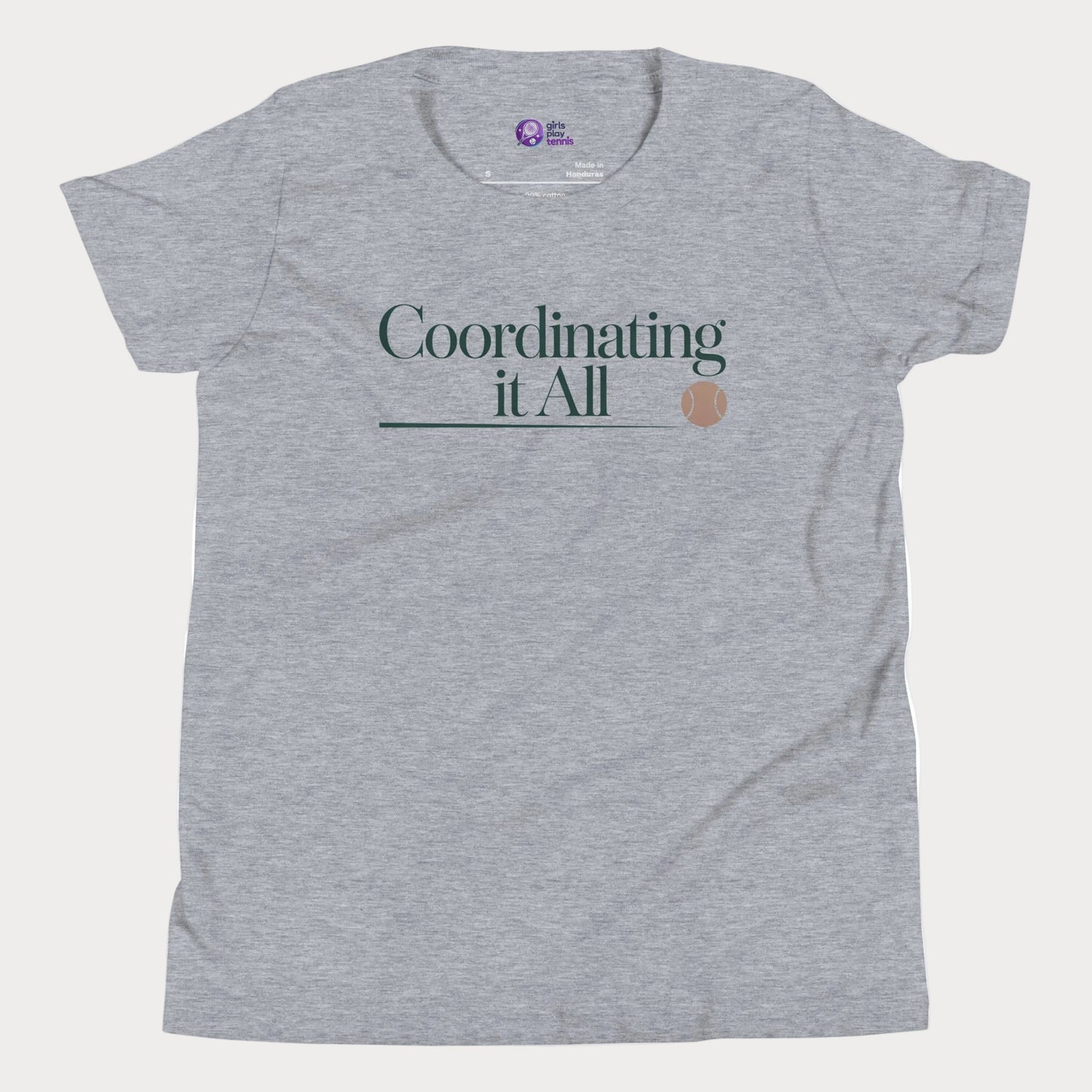 Coordinating It All tennis tee in athletic grey with minimalist typography and tennis ball detail for women