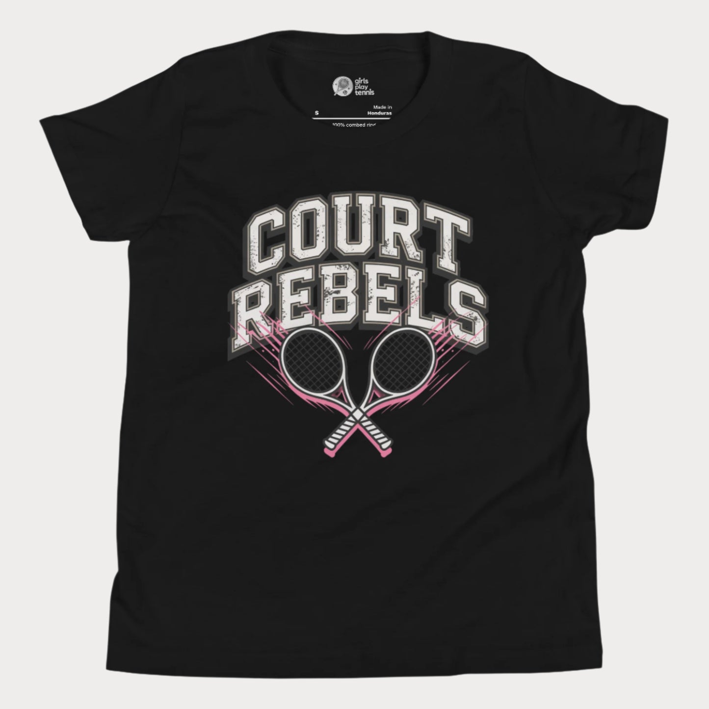 Black girls’ tennis t-shirt with bold “Court Rebels” varsity text and two pink-streaked tennis rackets.