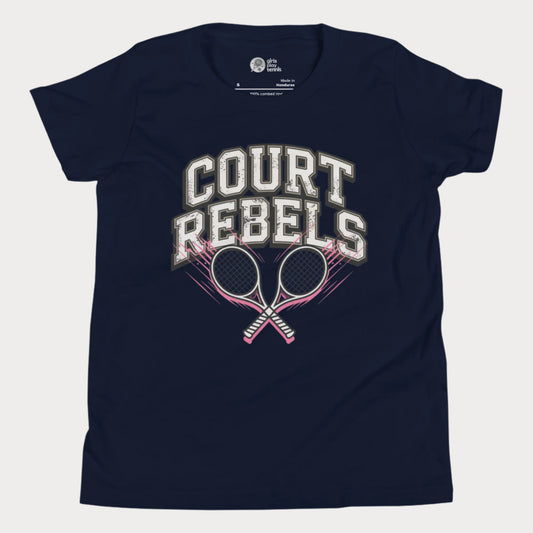 Navy girls’ tennis t-shirt with bold “Court Rebels” varsity text and two pink-streaked tennis rackets.