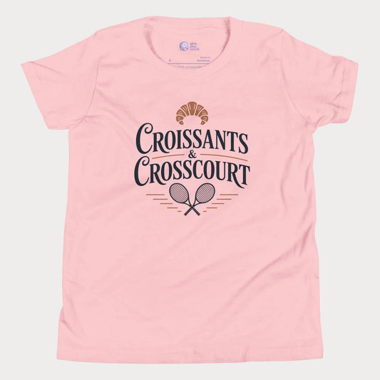 Croissants and Crosscourt girls and women’s tennis tee in pink with typography and rackets graphic premium cotton shirt