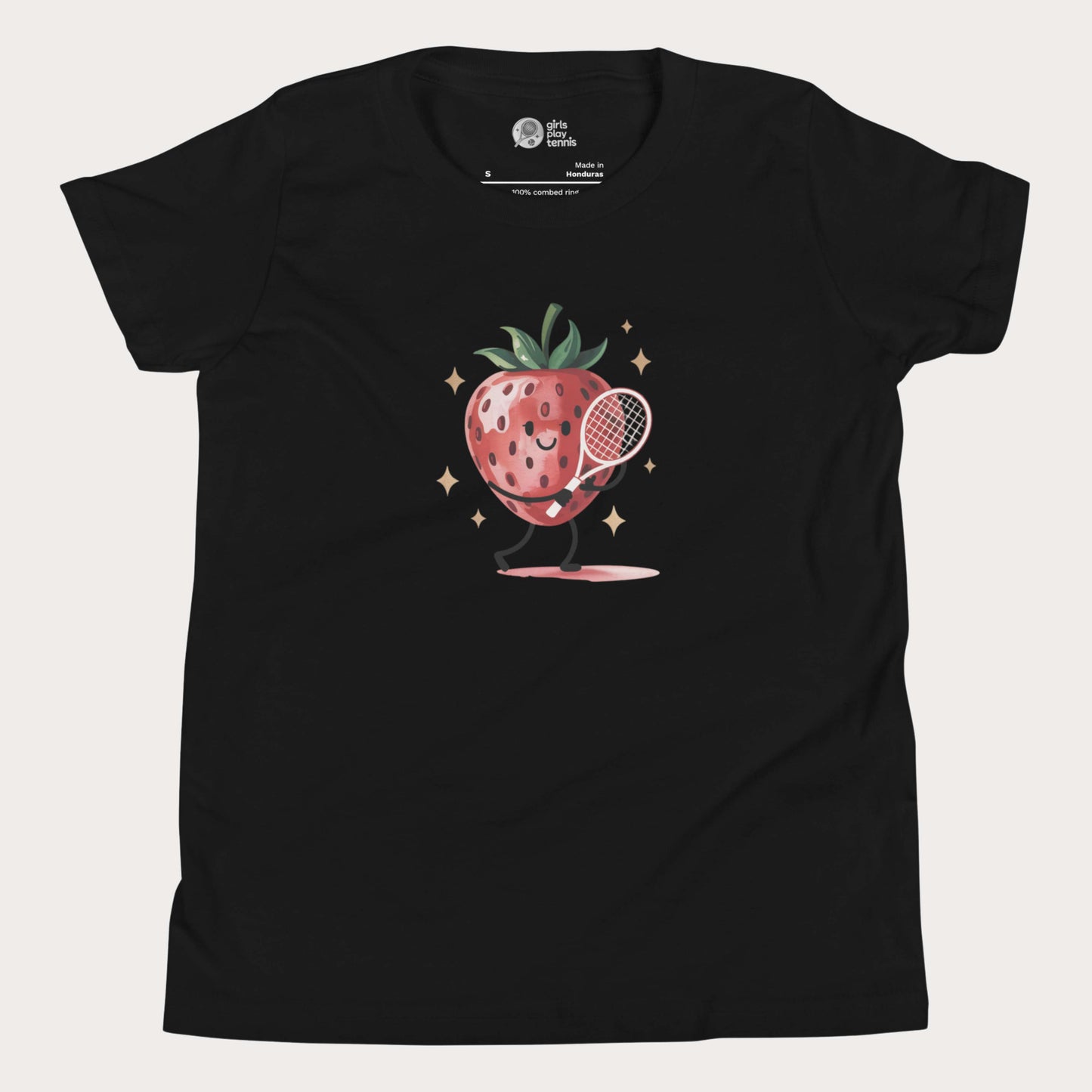 Black girls tennis t-shirt with cartoon strawberry holding a tennis racket β Strawberry Backhand design