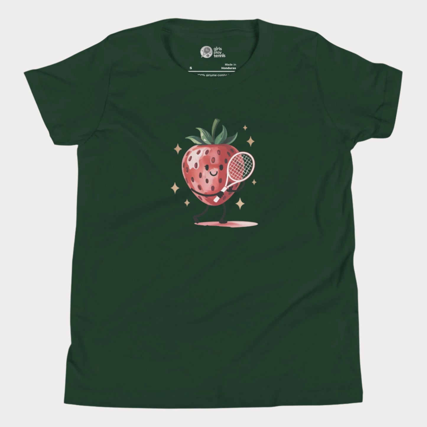 Green girls tennis t-shirt with cartoon strawberry holding a tennis racket β Strawberry Backhand design
