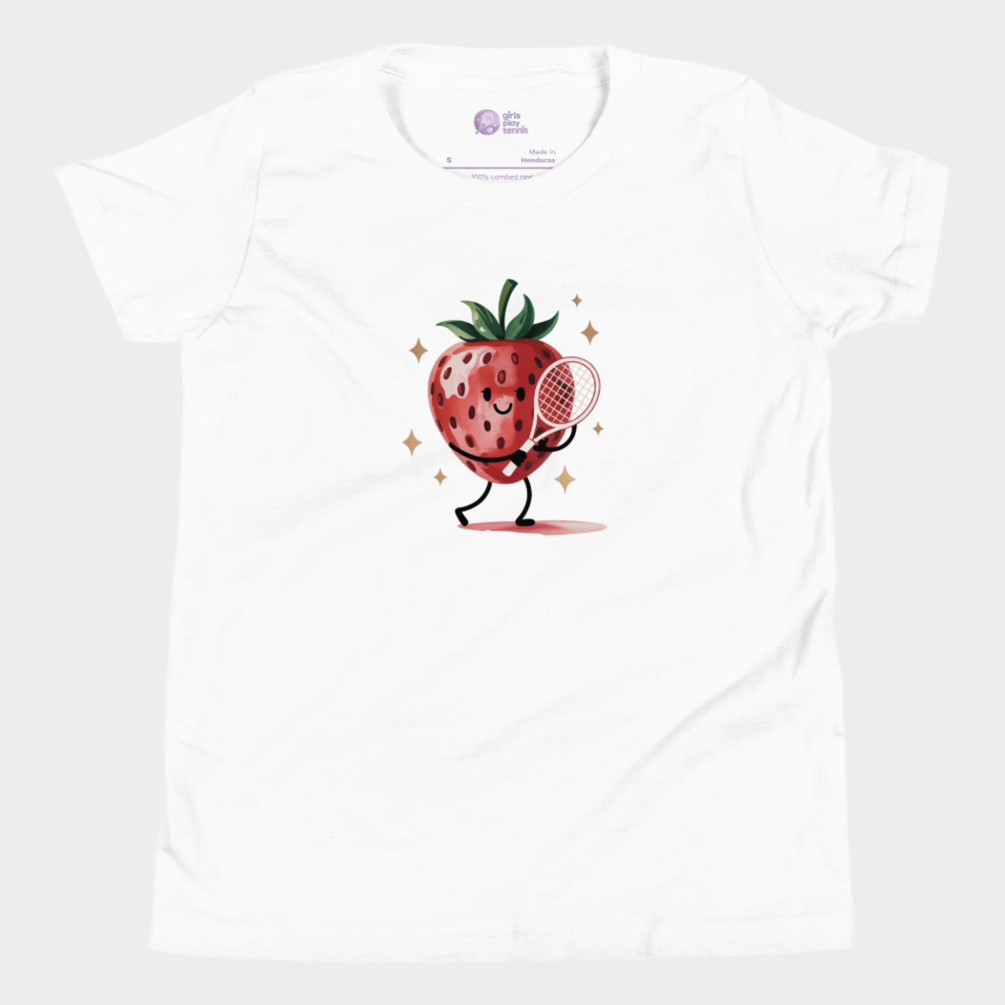 White girls tennis t-shirt with cartoon strawberry holding a tennis racket β Strawberry Backhand design.