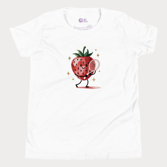 White girls tennis t-shirt with cartoon strawberry holding a tennis racket – Strawberry Backhand design.