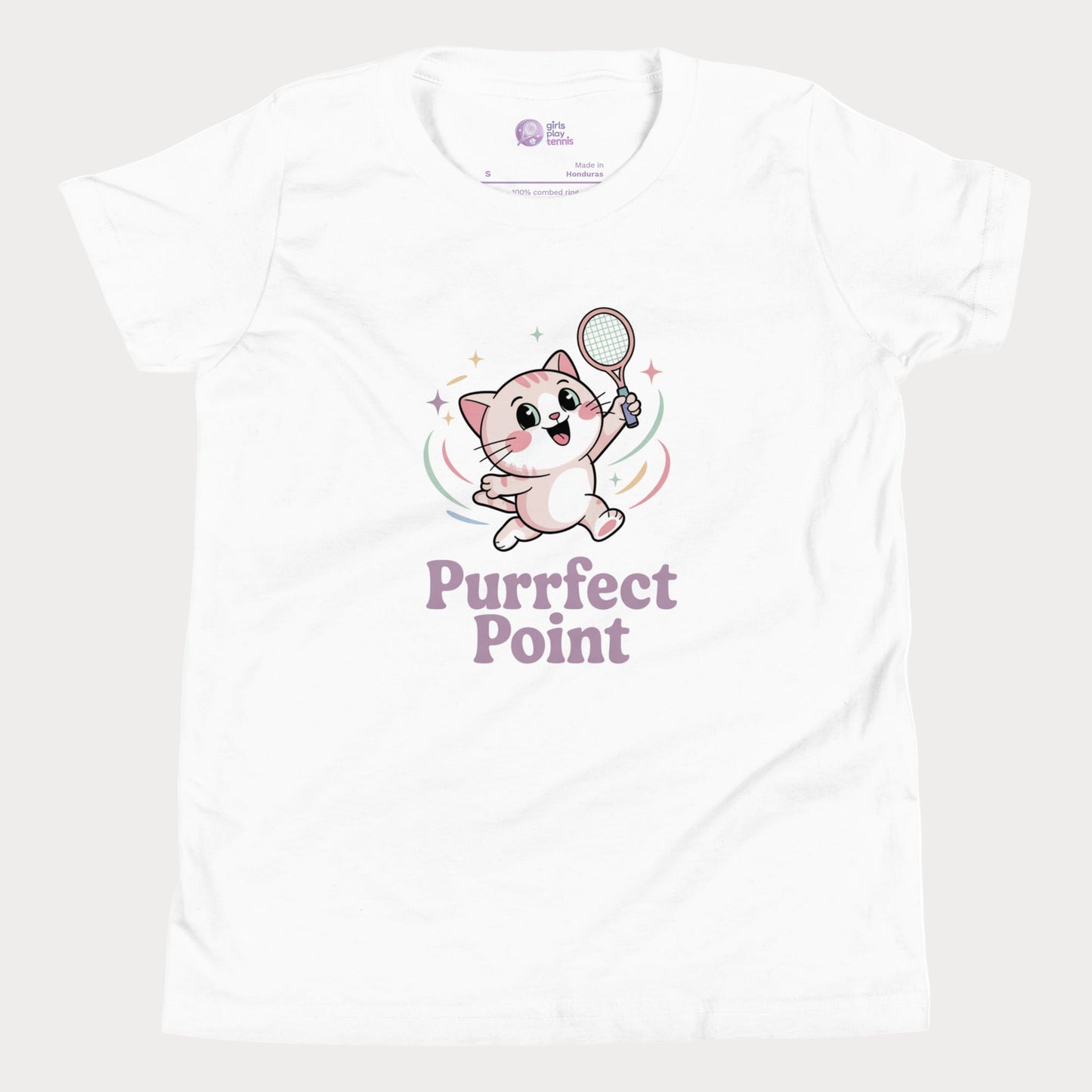 Girls tennis t-shirt featuring an Illustration of a cute white kitten with pink ears and big sparkling eyes, mid-jump with a tennis racket in one paw, and the slogan “Purrfect Point.”