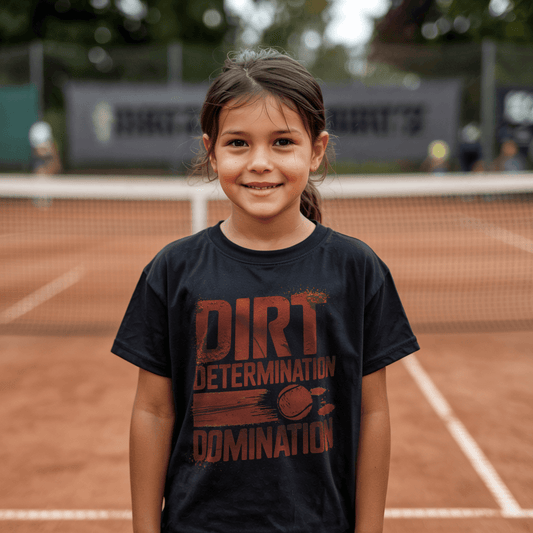 Young girl standing on a clay tennis court and wearing a black tennis t-shirt with slogan "Dirt Determination Domination"