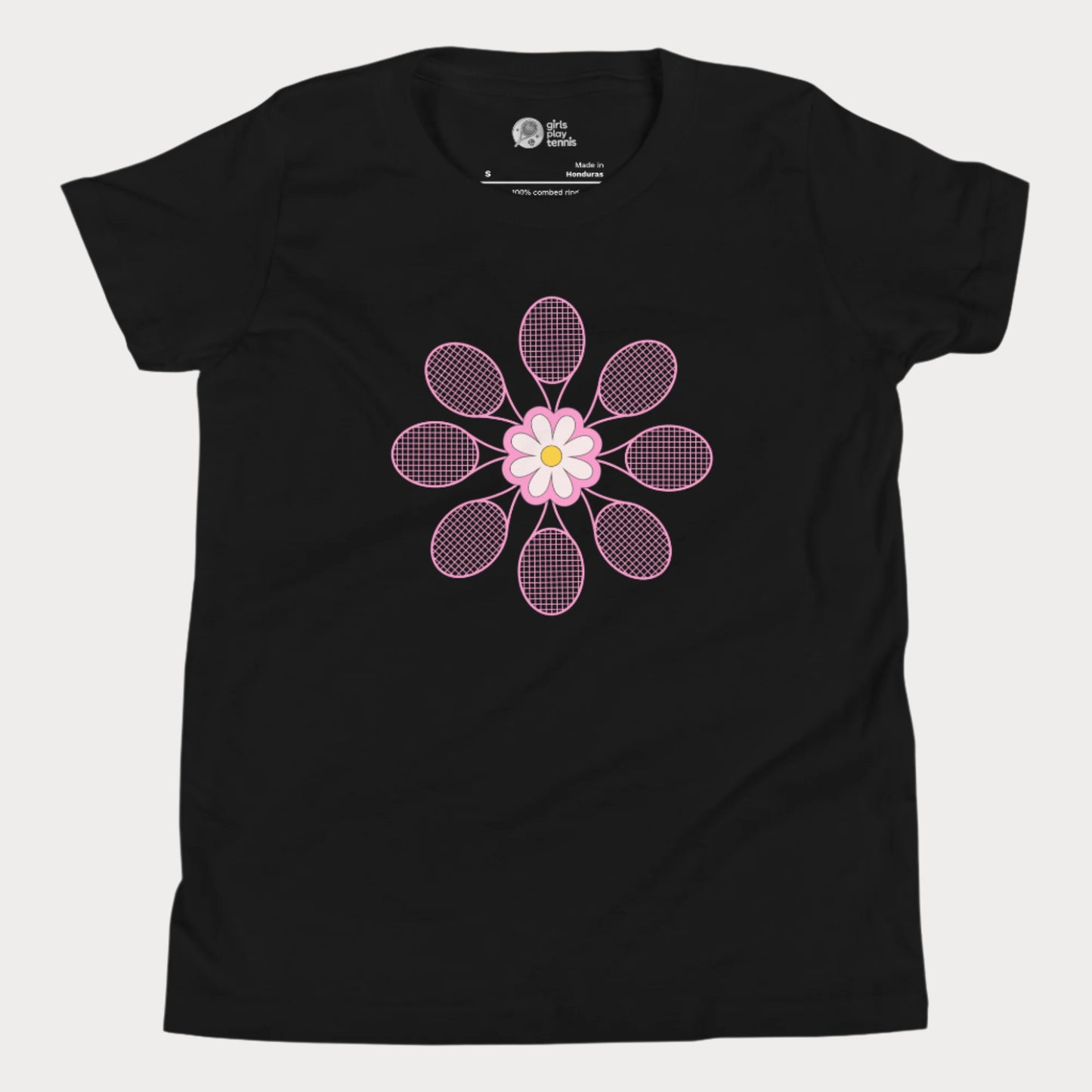 Black girls tennis t-shirt with pink flower design made of tennis rackets in a mandala shape.