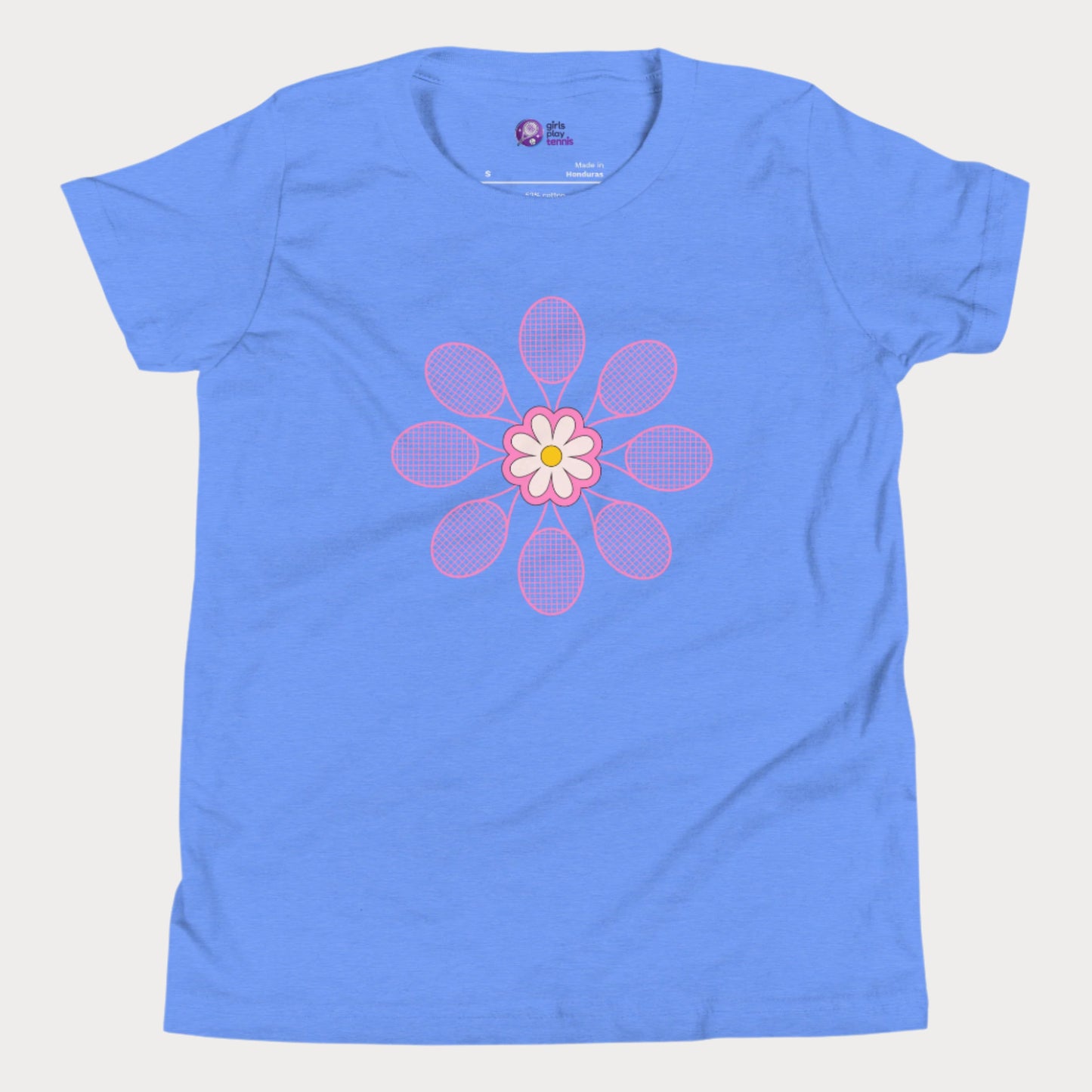 Blue girls tennis t-shirt with pink flower design made of tennis rackets in a mandala shape.
