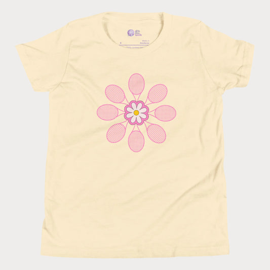 Butter yellow girls tennis t-shirt with pink flower design made of tennis rackets in a mandala shape.