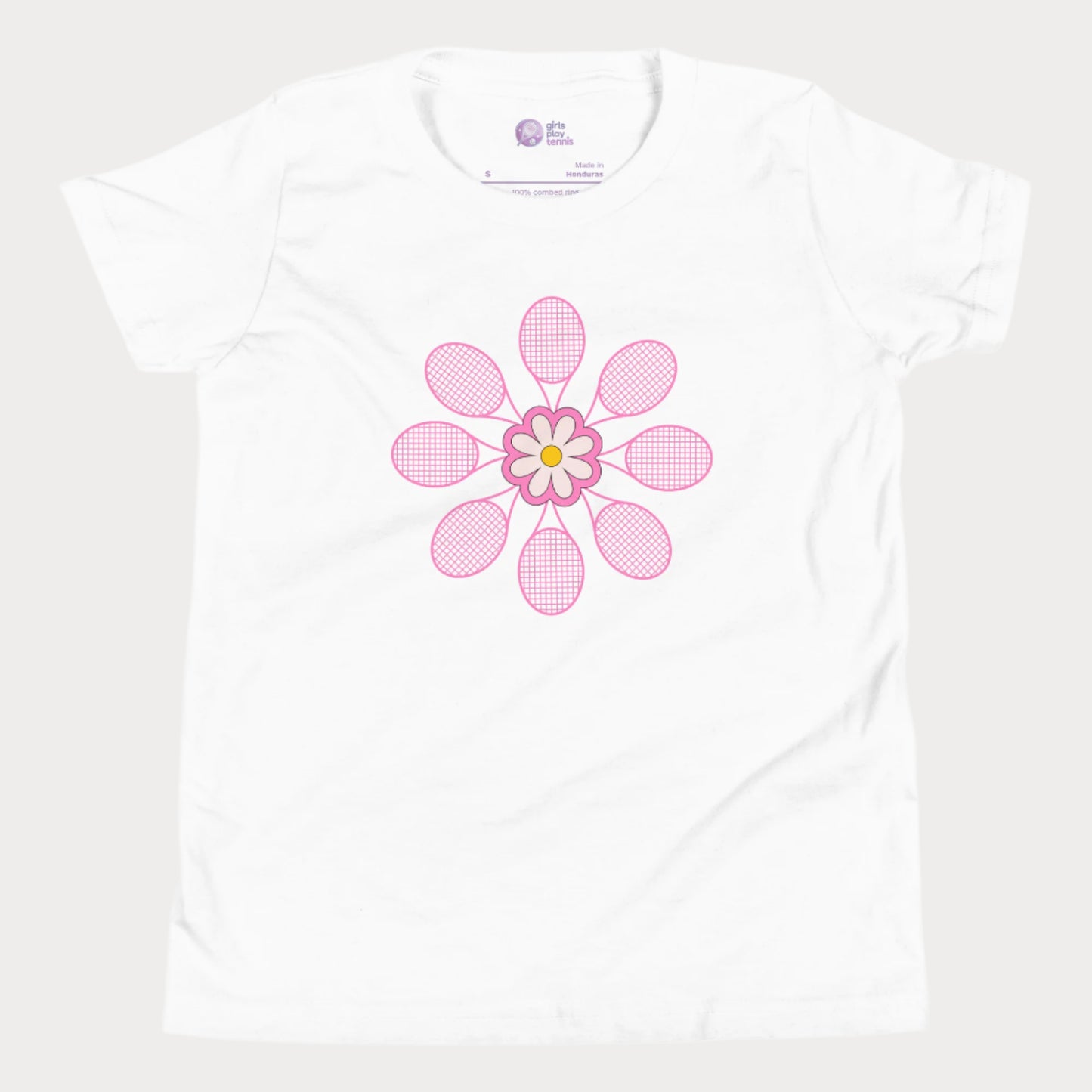 White girls tennis t-shirt with pink flower design made of tennis rackets in a mandala shape.
