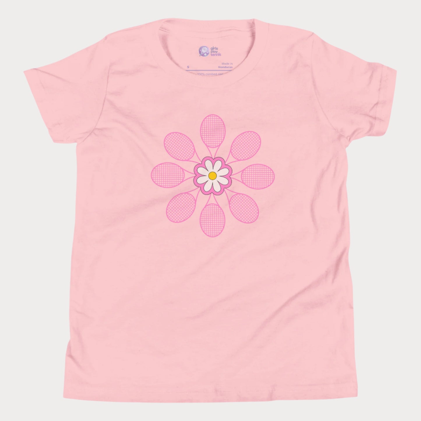 Pink girls tennis t-shirt with pink flower design made of tennis rackets in a mandala shape.
