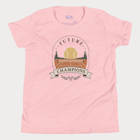 Girls tennis tee featuring vintage-inspired future champions club crest and sunset court illustration