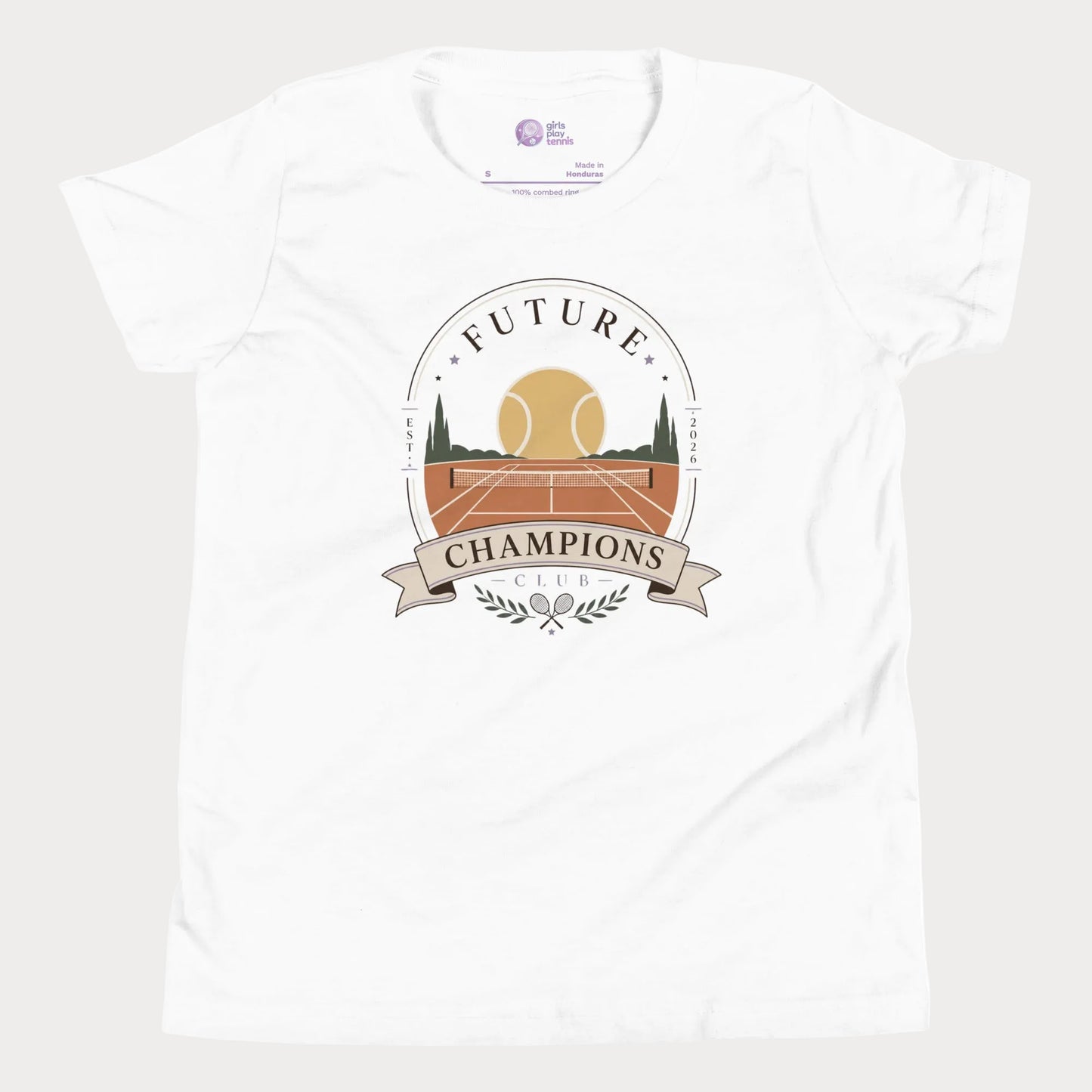 Girls tennis tee featuring vintage-inspired future champions club crest and sunset court illustration