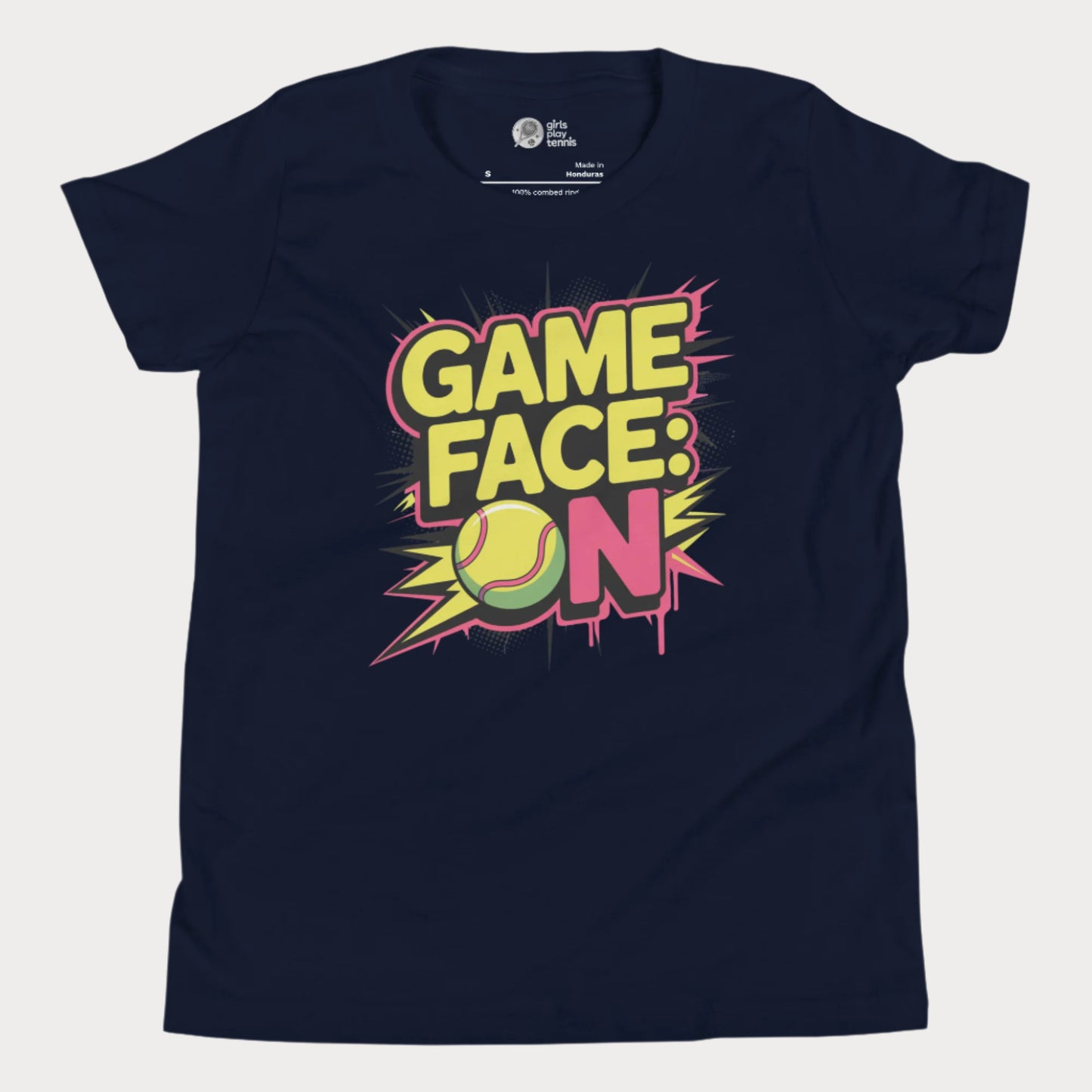 Navy kids tennis t-shirt with bold comic-style "Game Face: ON" graphic and tennis ball illustration.