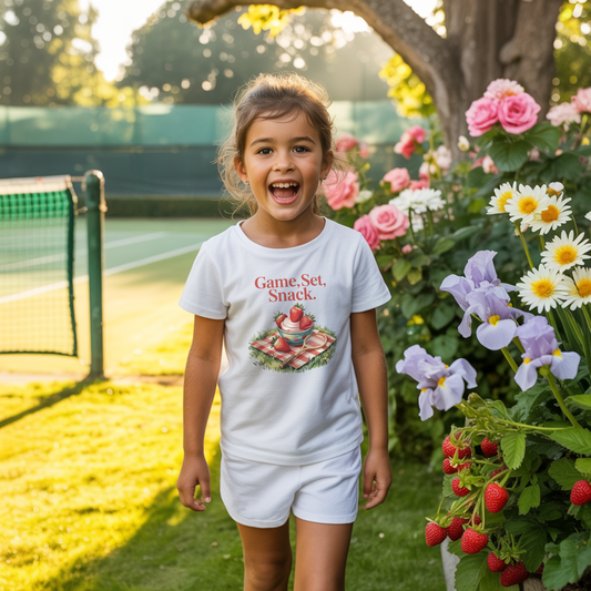Young girl in a flower garden next to a tennis court and wearing a white girls tennis t-shirt with strawberries and cream picnic design – Game Set Snack slogan from Grass Court Collection