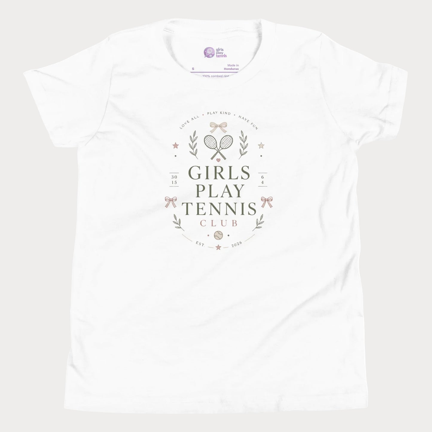 White girls tennis tee featuring minimalist tennis club graphics with bows and vintage-inspired details