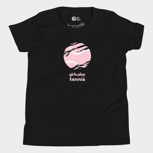 Black t-shirt featuring a distressed tennis ball design and "girls play tennis" slogan.