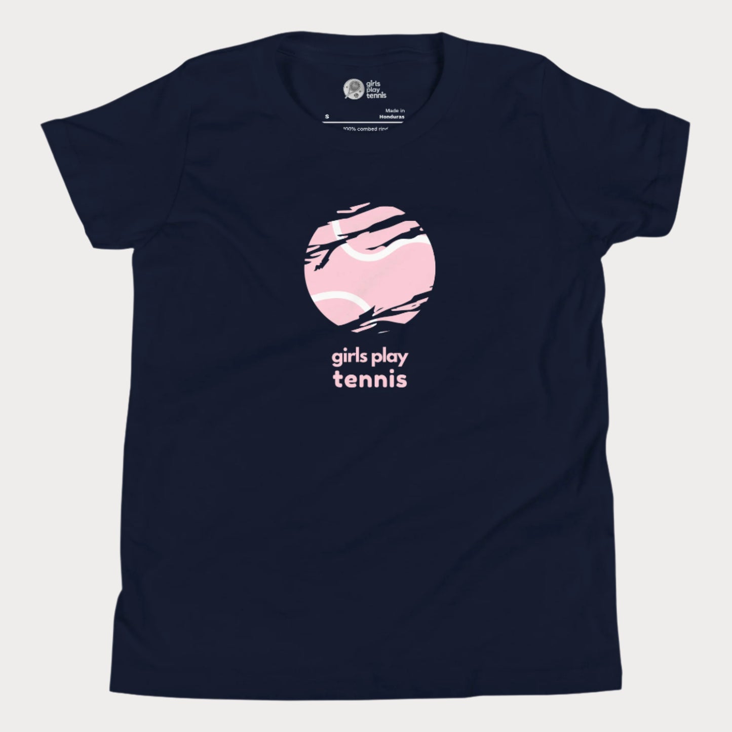 Navy t-shirt featuring a distressed tennis ball design and "girls play tennis" slogan.
