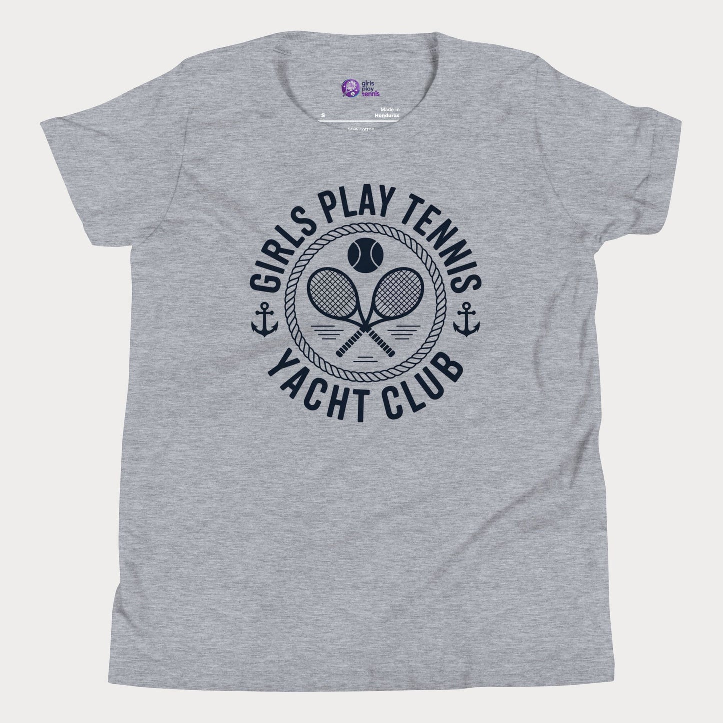 Girls Play Tennis Yacht Club tennis t-shirt in athletic grey with nautical rope, crossed rackets, and tennis ball design