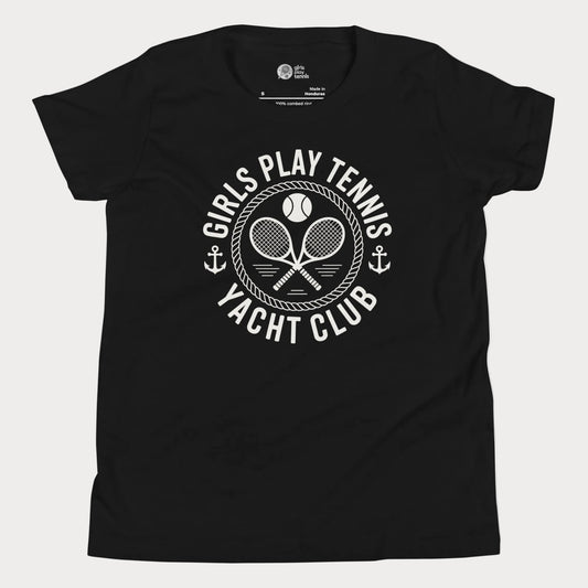 Girls Play Tennis Yacht Club tennis t-shirt in black with nautical rope, crossed rackets, and tennis ball design