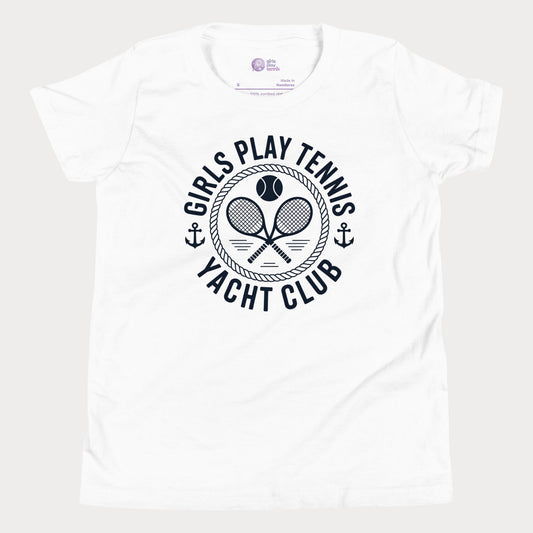 Girls Play Tennis Yacht Club tennis t-shirt in white with nautical rope, crossed rackets, and tennis ball design