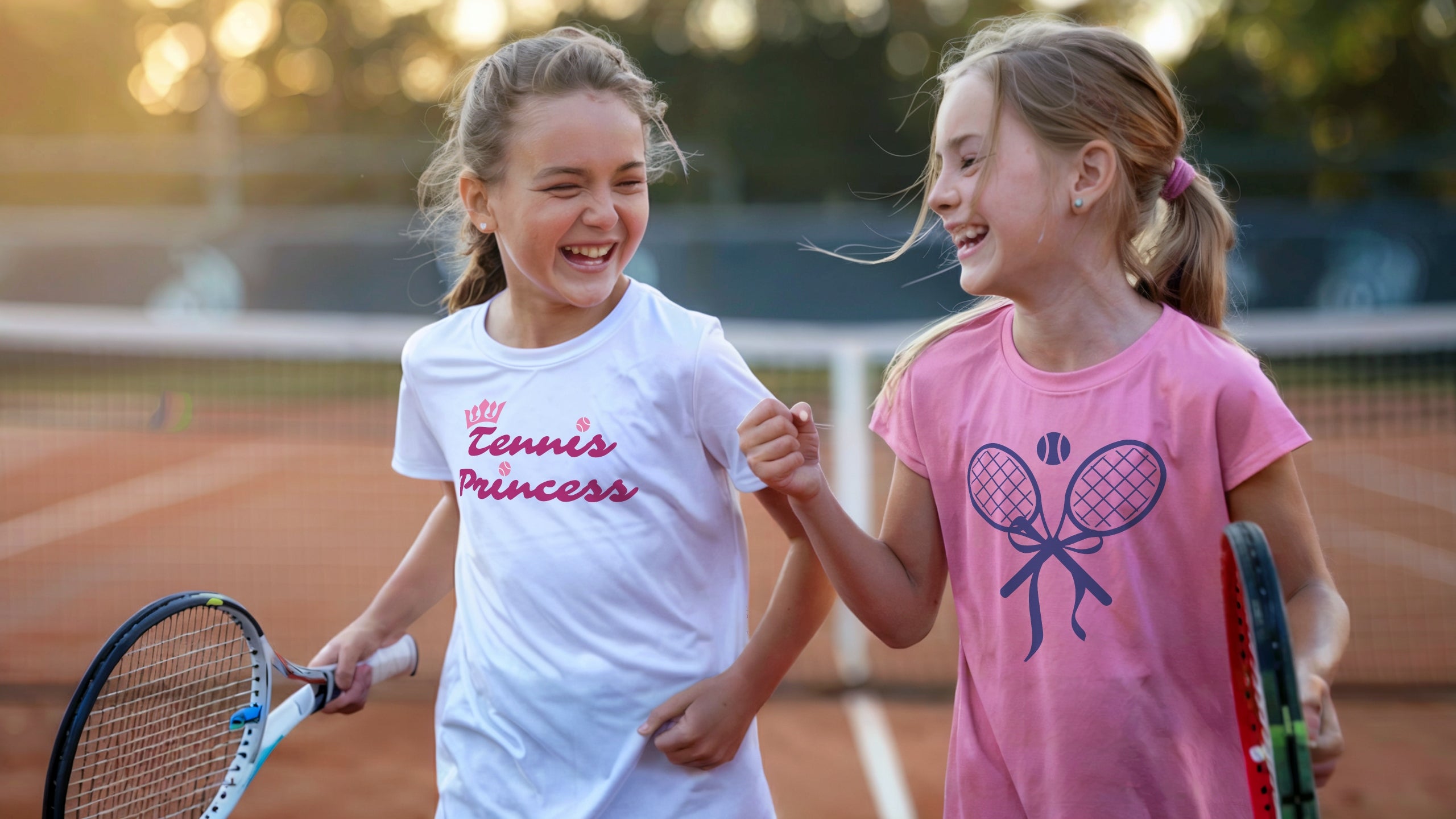 Two smiling young girls on a clay tennis court wearing stylish Girls Play Tennis t-shirts—one with a "Tennis Princess" design and the other featuring elegant bow-tied rackets. Holding their rackets, they radiate confidence, friendship, and love for the game.