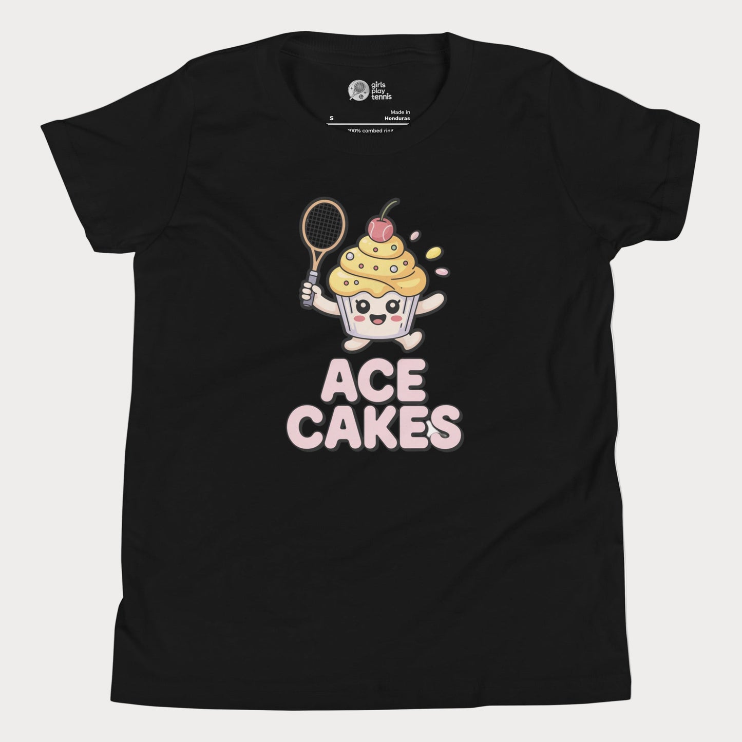 Black girls tennis t-shirt with a cartoon cupcake holding a tennis racket and the text 'ACE CAKES' on a white background.