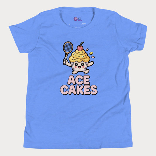 Blue t-shirt with a cartoon cupcake character holding a tennis racket and the text 'ACE CAKES' on a white background.