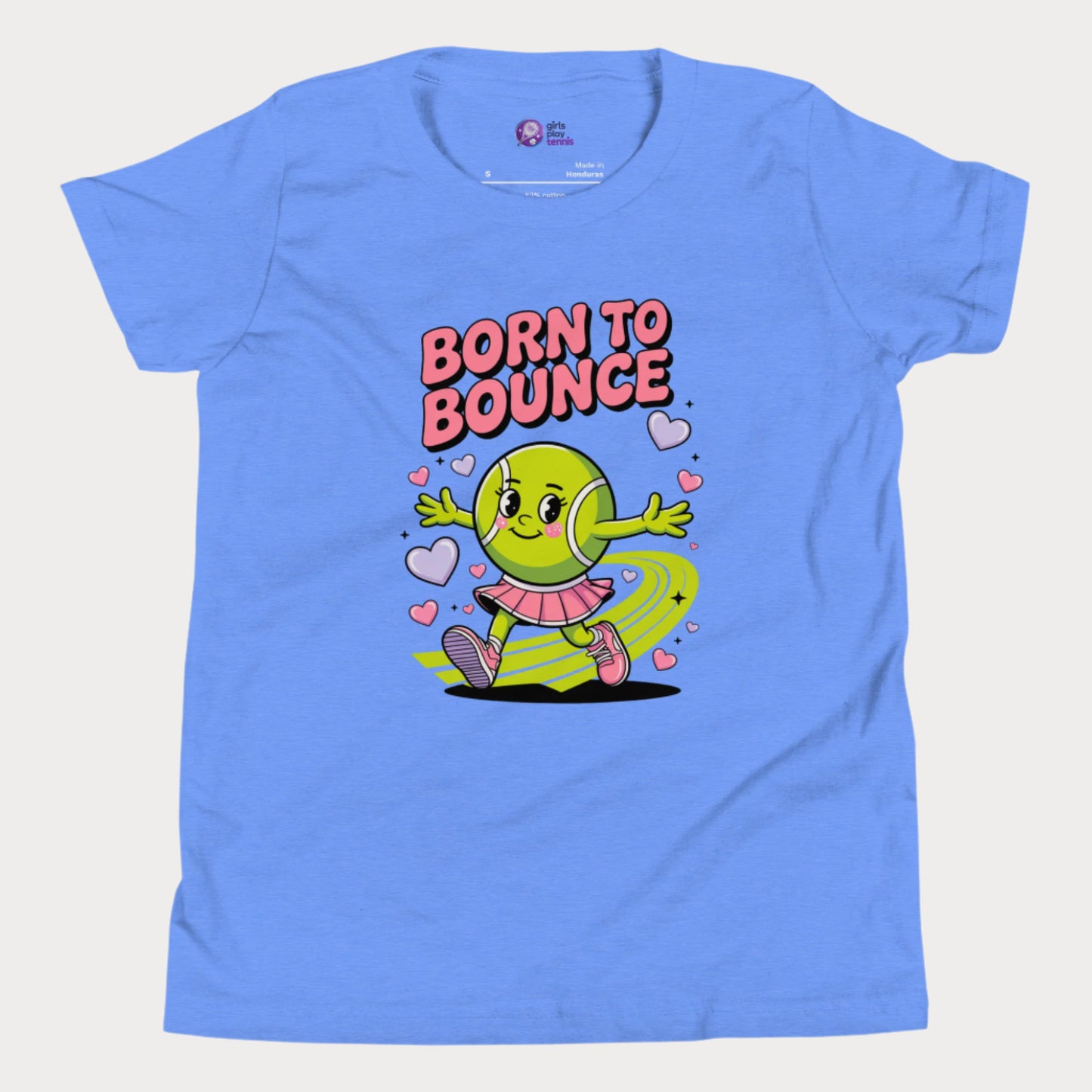 Blue girls tennis t-shirt with cartoon tennis ball character and “Born to Bounce” text – cute kids tennis top.