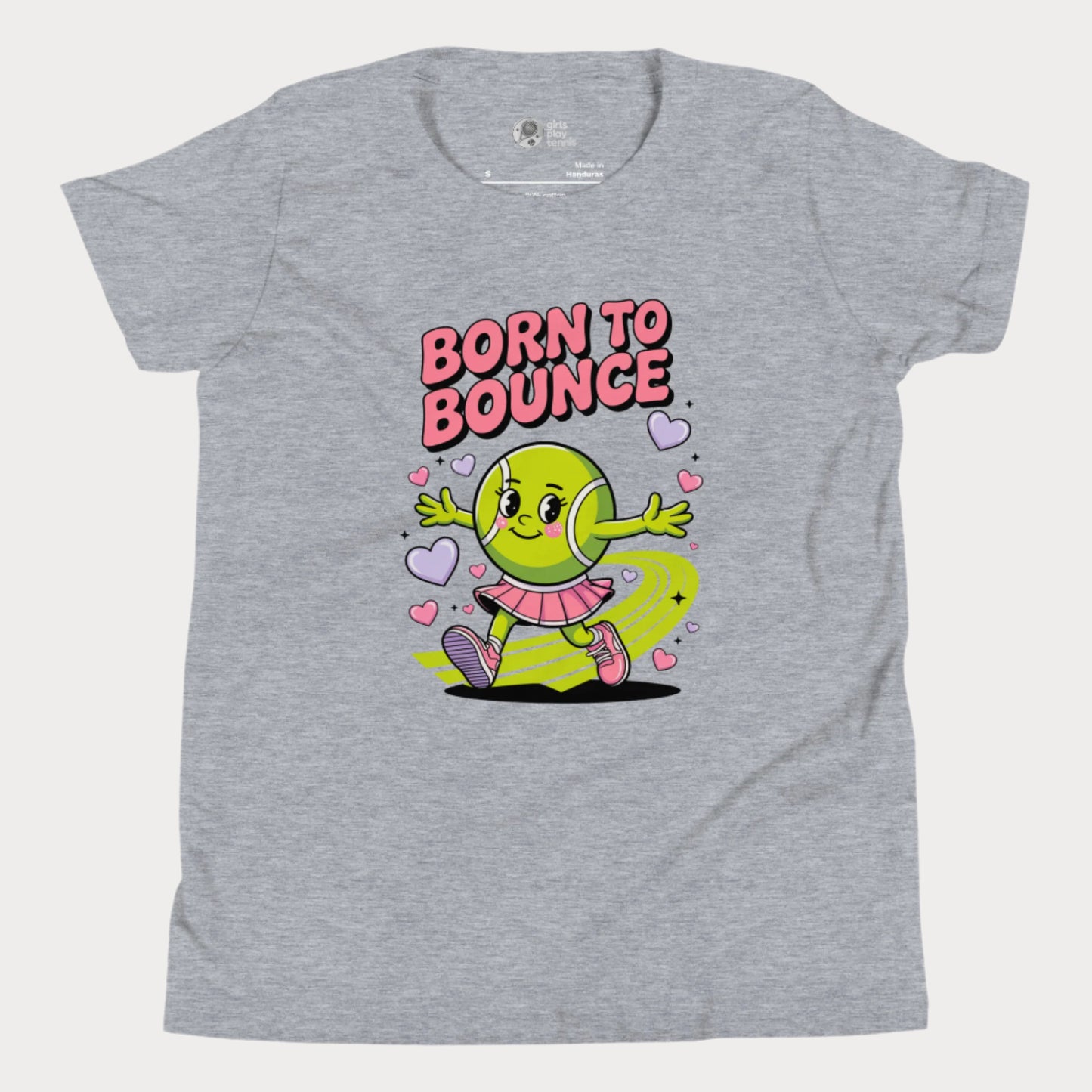 Grey girls tennis t-shirt with cartoon tennis ball character and “Born to Bounce” text – cute kids tennis top